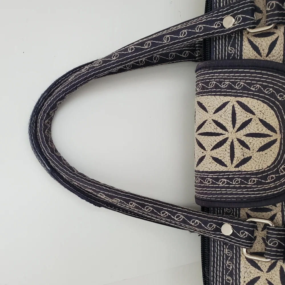 Embroidered Canvas Tote Bag in Black and Cream